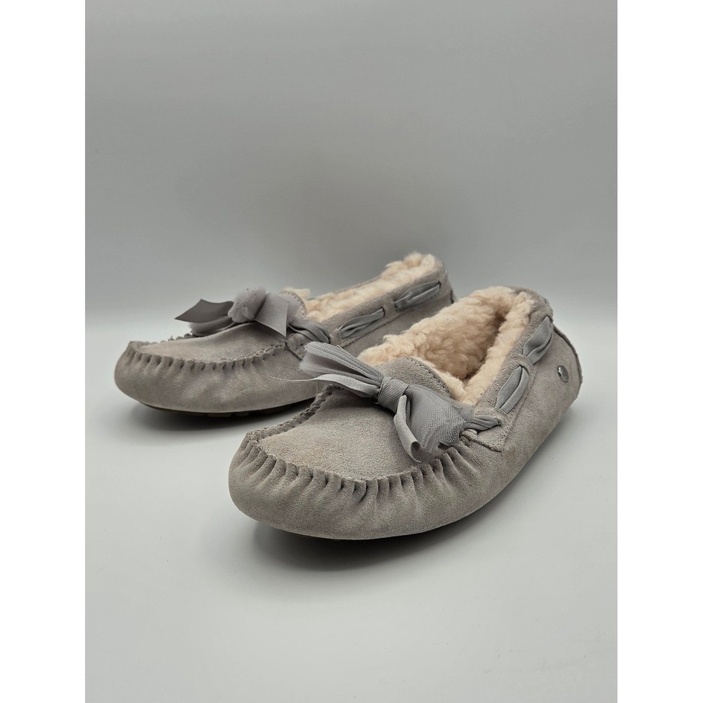 UGG Dakota Tulle Bow Women Slippers 6 Gray Suede Shearling Moccasin Slip On